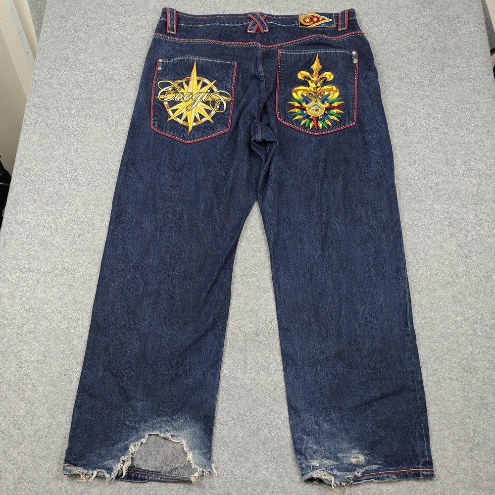 Vintage Coogi Jeans Mens 46x36 Blue Dark Wash Wide Leg Embroidered Denim Pants